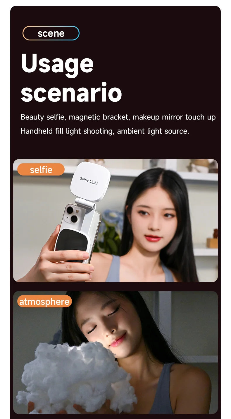 Magnetic Beauty Phone Fill Light | Built-in Makeup Mirror, Foldable Portable Mini | For Selfie/Photo, Universal for all Phones