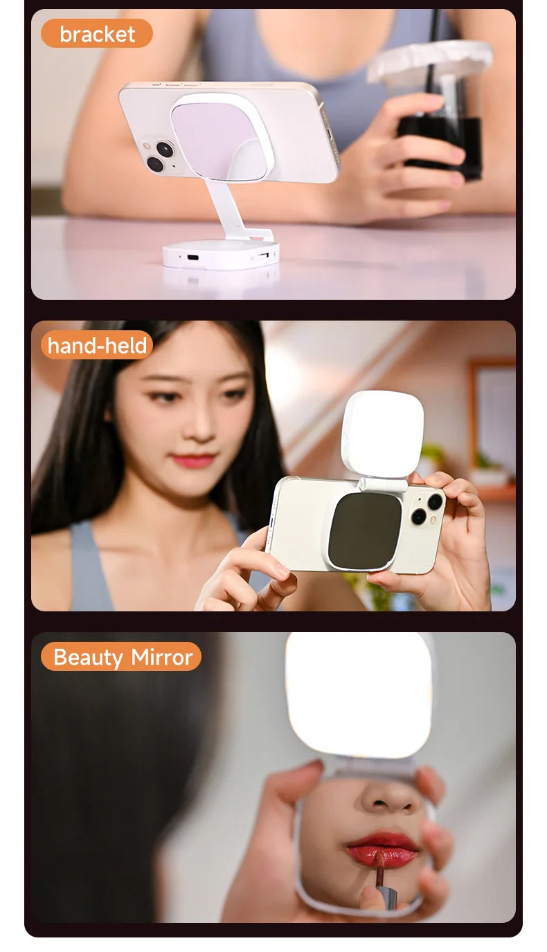 Magnetic Beauty Phone Fill Light | Built-in Makeup Mirror, Foldable Portable Mini | For Selfie/Photo, Universal for all Phones